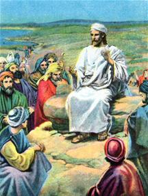 Jezus zit op een rots te prediken bij het meer van Galilea