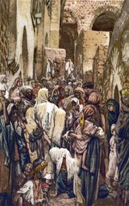 De vrouw met de bloedvloeiing raakt Jezus aan in de menigte