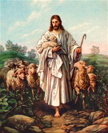 Jezus als goede herder met een lam in de arm en een staf in zijn hand