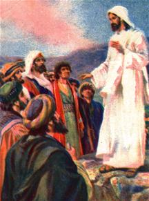 Jezus spreekt tot zijn dicipelen die rondom staan