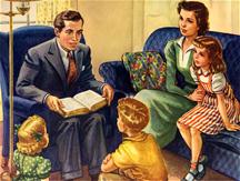 Een huisvader leest voor uit de bijbel en bespreekt het onderwerp met zijn kinderen