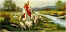 Jezus als goede herder afgebeeld