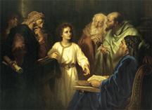 Jezus 12 jaar oud in de tempel aan het spreken met de schriftgeleerden
