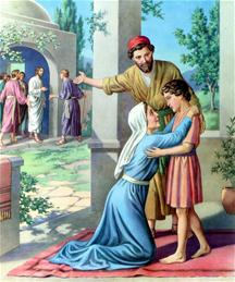 Een moeder omhelst haar kind die door Jezus genezen is