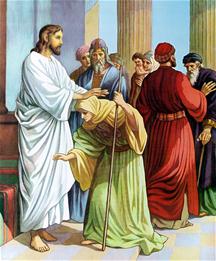 Jezus geneest een vrouw met een kromme rug, de farizeers houden anderen tegen die ook genezen willen worden
