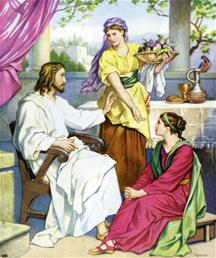 Martha vraagt Jezus of Hij Maria wil aansporen om te helpen met de werkzaamheden