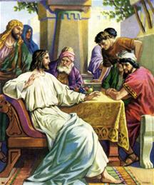 Jezus spreekt aan tafel met zijn dicipelen