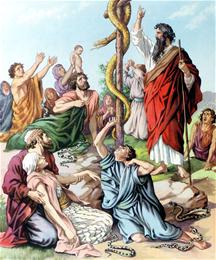 Mozes stelt de koperen slang op zodat iedereen die gebeten is en er naar kijkt genezen wordt