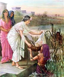 Mozes in het biezen mandje wordt door Farao's dochter uit het water gehaald