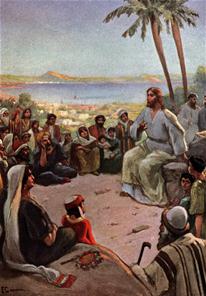 Jezus lerende de schare die rondom hem zitten