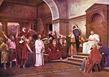Jezus wordt voorgeleid in een rechtzaal voor Pontius Pilatus