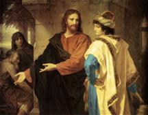 De rijke jongeling komt tot Jezus die hem vertelt zijn goederen te verkopen en aan de armen te geven