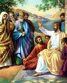 Jezus zit in de schaduw en predikt