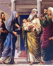Simeon dankt in de tempel nadat hij Jezus gezien heeft