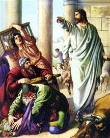 Jezus drijft de geldwisselaars en verkopers uit de tempel