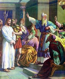 Jezus wordt voor de hogepriester gebracht om veroordeeld te worden
