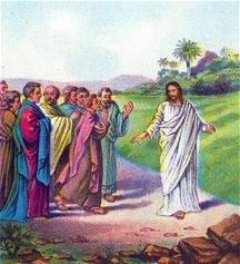 Jezus word gevolgd als hij de stad uit loopt
