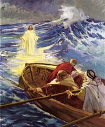 Jezus wandelt op het water naar de boot van de dicipelen