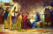 De drie wijzen aanbidden Christus voor Jozef en Maria