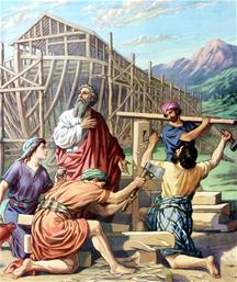 Noach met zijn zonen die aan de Ark bouwen met hamer en bijl